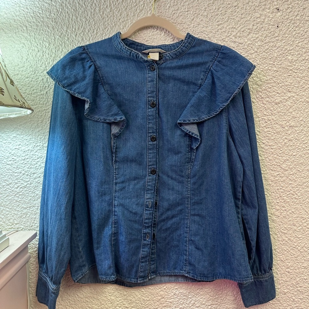 H&M Blue Ruffled Bib Collar Denim Button Down Shirt